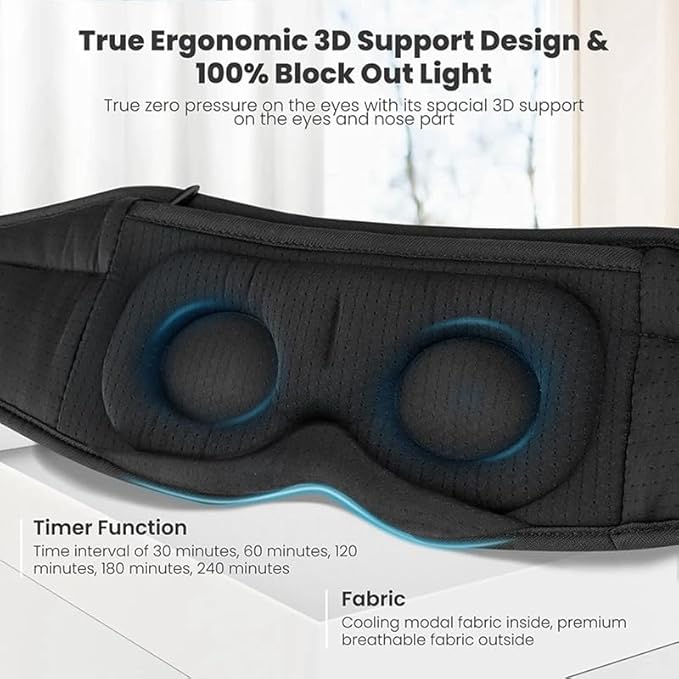 Sleepals Sleep Headphone Eye Mask with White Noise, 35H Battery Life, Built-in Speakers for Side Sleepers, 100% Light Blocking, Wireless Music Streaming (Black 3D)
