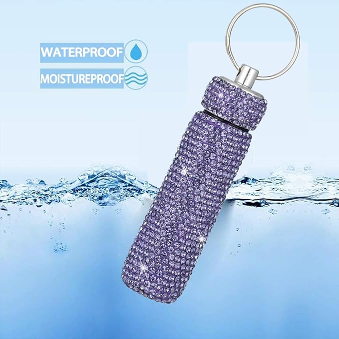 Bling Rhinestone Pill Case Portable Waterproof Pocket Pill Holder Bottle Storage with Keychain for Travel, Outdoor, Camping (Purple)