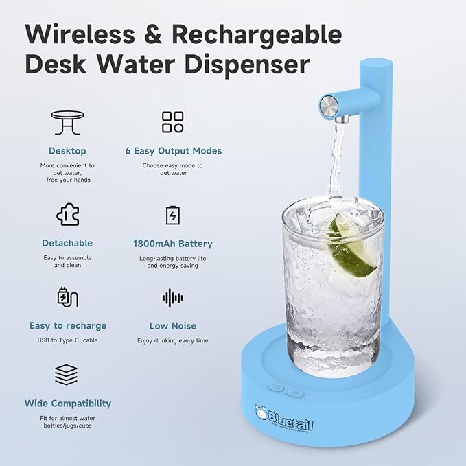 Water Dispenser for 5 Gallon Bottle – Desktop Electric Water Pump with USB-C Fast Charging, Portable 5 Gallon Water Jug Dispenser for Home, Office, Bedside & Countertop (Sky Blue)