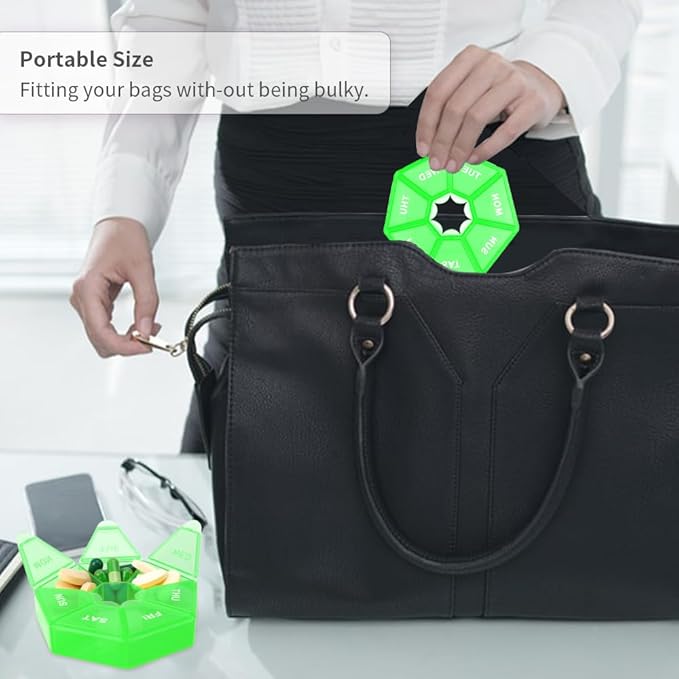 Pill Organizer, Pill Box, Small Pills Case, Medicine Organizer 1 Time a Day, Weekly Medicine Organizers, Containers, Pil Daily Medicines Holder Travel Box 7 Day (Light Green)