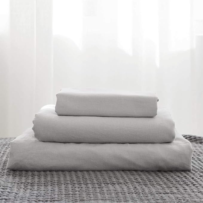 Simple&Opulence Belgian Linen Sheet Set Solid Color - 4 Pieces (1 Flat Sheet, 1 Fitted Sheet & 2 Pillowcases) Natural Flax Cotton Blend Soft Breathable Farmhouse Bedding - King Size, Grey
