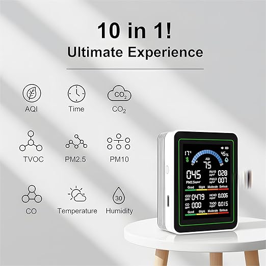 10 in 1 Smart Air Quality Monitor Indoor,Carbon Monoxide Monitoring,Co2 Detector,Professional Air Quality Test Kit with CO2 | CO | TVOC | HCHO | Temp | AQI | PM2.5 | PM0.3 | PM10