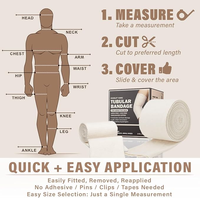 EVERLIT 560D Cotton Blend Elasticated Tubular Support Bandage | Latex-Free, Extra-Thick Breathable Stockinette for Wrist, Hand | Moderate to High Compression for Sensitive Skin (Size C: 2.75" x 11 yd)