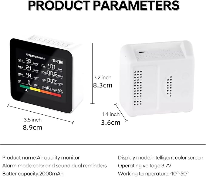 9-in-1 Indoor Air Quality Monitor for PM2.5, PM10, CO2, VOC, Formaldehyde, Humidity, Temp
