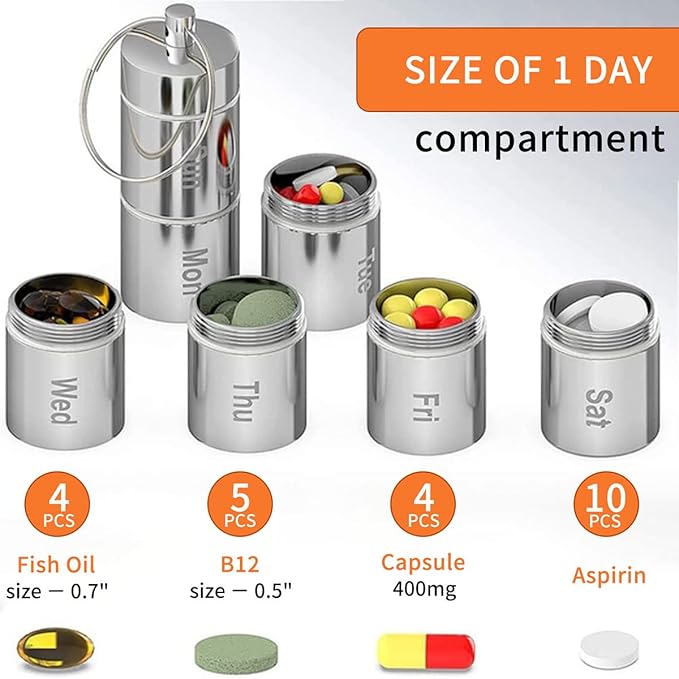 Weekly 7 Day Pill Organizer Travel Friendly Vitamin Organizer Pill Case Container Waterproof Pill Case with Keychain for Pills/Vitamin/Fish Oil/Supplements Metal Pill Holder Me (Rainbow)