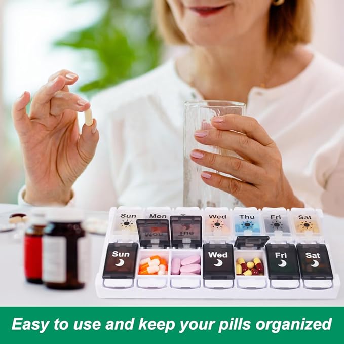 Shintop Pill Organizer 2 Times a Day, Easy Fill Weekly Pill Box Am Pm Push Button Pill Container 7 Day Medicine Organizer for Vitamins Supplements （Black&White）