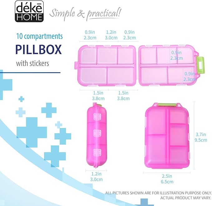 Deke Home - Portable Pill Organizer with 10 Compartments & Medication Label Stickers, Daily Pill Box for Travel, Vitamins, Supplements & Medicine Storage, Compact, Colorful, Easy to Identify (Pink)