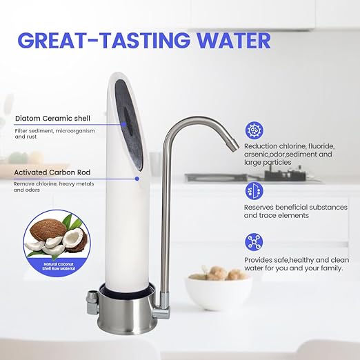 Amwater Countertop Water Filtration System, 5-Stage Stainless Steel Countertop Filter, 8000 Gallons Water Filter-Reduction of Lead, Chlorine, Heavy Metal Bad Odors (1 Filter Included)