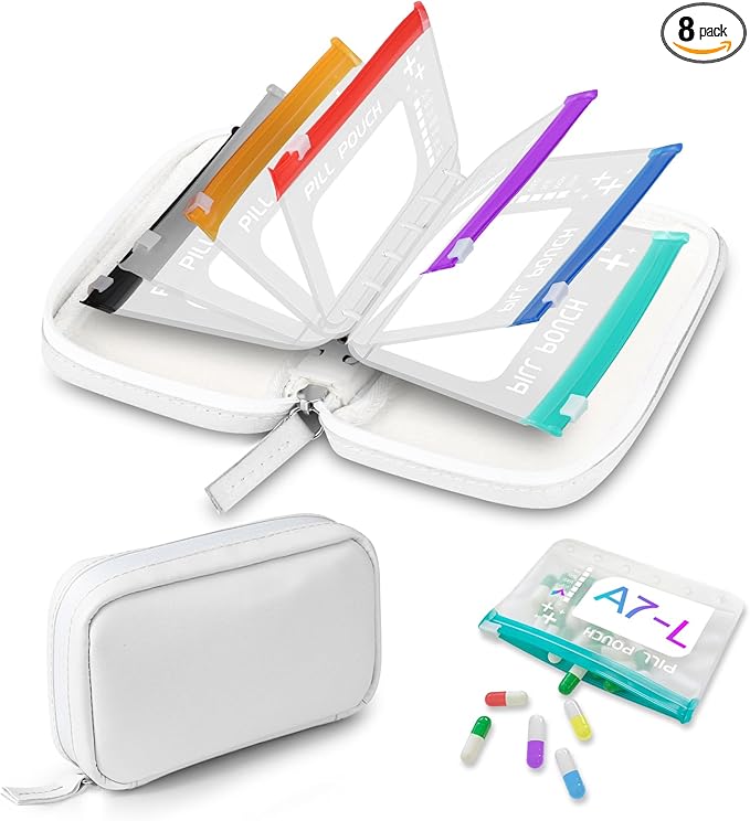 A7 Waterproof Pill Organizer with 7 PCS L Size Zippered Pill Pouches for A7 Binder, Large BPA-Free Weekly Medicine Organizer, Color-Coded Reusable Travel Pill Storage System