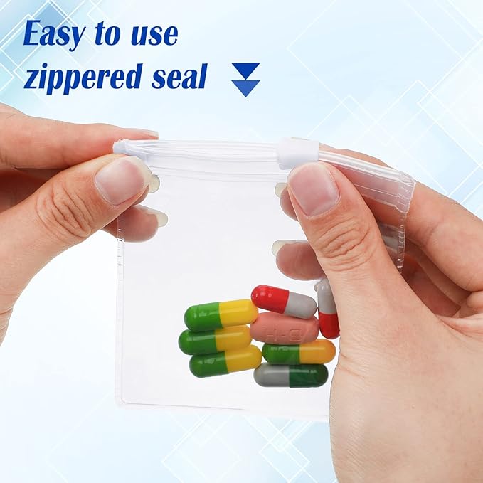 Zonon 24 Pieces Pill Pouch Bags Zippered Reusable Pill Baggies Clear Plastic Bags Self Sealing Travel Medicine Organizer Storage with Slide Lock for Cod Liver Oil, and Small Items