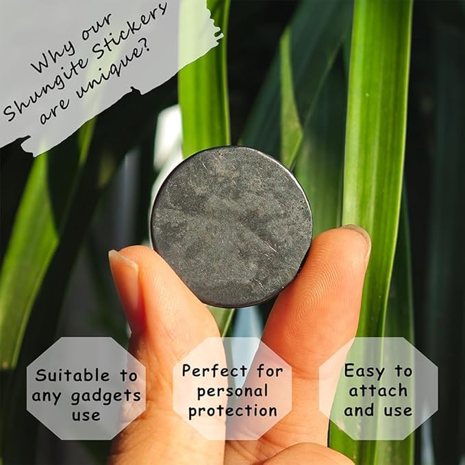 Gadget Protection Shungite Stickers for Cell Phone 2 pcs | Round Sticker Plates for Bad Vibes Blocking | Polished Shungite Stone Plates (Metatron & Cross Flower)