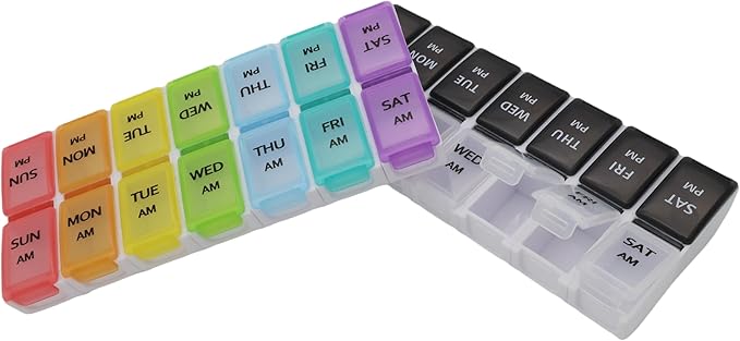 7 Day Weekly Pill AM PM Organizer, ShysTech Large Pill Case Pill Box for Pills/Vitamin/Supplements/Medication (Separable, Small Black/White)