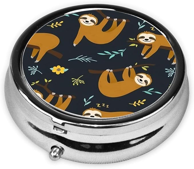 Metal Silver 3 Compartment Pill Box Pocket Portable Mini Travel Pill Case Small Round Decorative Medicine Box Vitamin Pill Organizer with Sloth