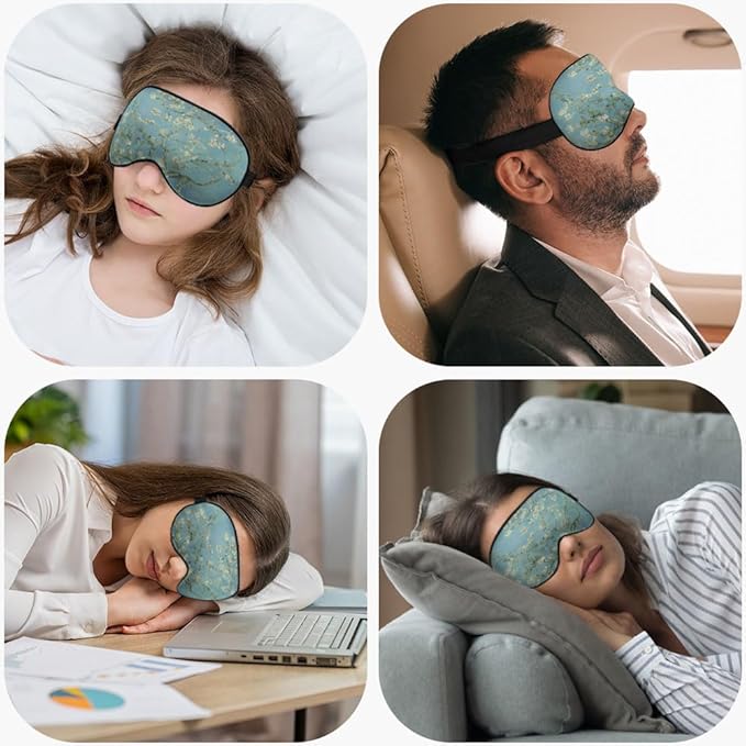 Almond Blossom Sleep Eye Mask Green Flower Van Gogh Painting Silk Eye Mask Sleeping Soft Eye Shade Cover for Men Women Boy Girl Airplane Travel with Elastic Strap