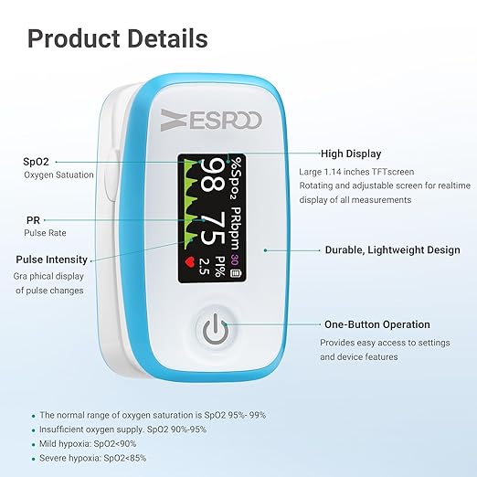 Pulse Oximeter Fingertip, Blue, Oxygen Monitor Fingertip with TFT Display, SpO2 and Heart Rate Measurement Device