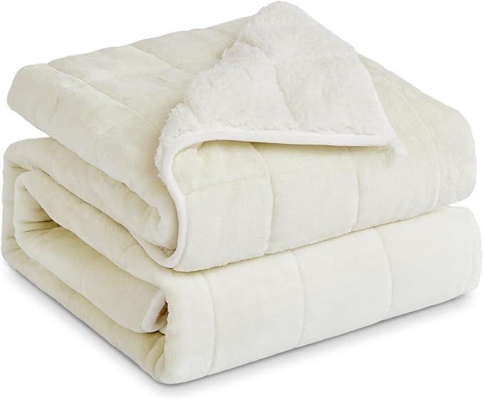 Sherpa Fleece Adult Weighted Blanket, 15 Pounds Dual Sided Soft Plush Blanket for Couch Bed Sofa, Heavy Thick Blankets with Glass Beads Great for Sleep, 48 x 72 inches, Cream White on Both Sides