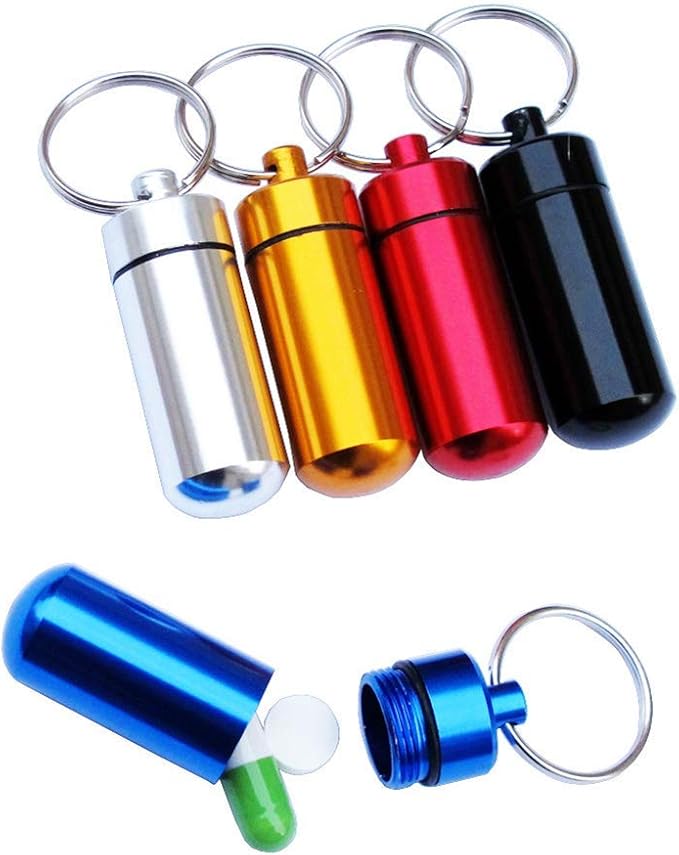 Purple Pill Organizer Mini Pill Box, Metal Pill Box Emergency Medicine Drug Box Tank with Keychain Case Stainless Steel for Outdoor Travel Waterproof Case Outdoor Camping Hiking Traveling