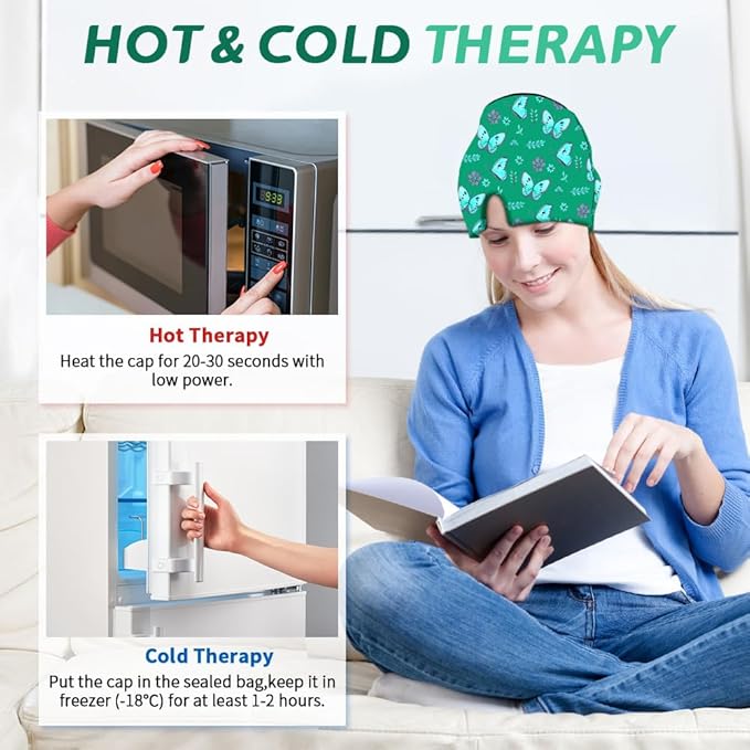 Migraine Relief Cap, Soothing Headache Ice Face Mask Products, Hot and Cold Therapy, Migraine Headache Relief Cap for Migraine, Sinus, Puffy Eyes, Tension, Stress and Hangover (Black+Green)