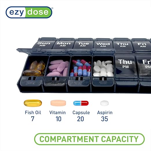 EZY DOSE Push Button (7-Day) Pill Case, Medicine Planner, Vitamin Organizer, 2 Times a Day, AM/PM Container, X-Large Compartments, Arthritis Friendly, Easy to Use, Transparent Lids, Black, BPA Free