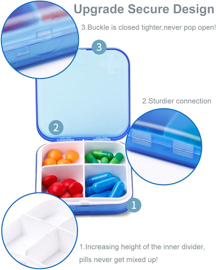 2 Pack Portable Travel Pill Organizer Case for Pocket or Purse Cute Small Daily Pill Box BPA Free Plastic Medicine Vitamin Holder Container (4 Compartments)