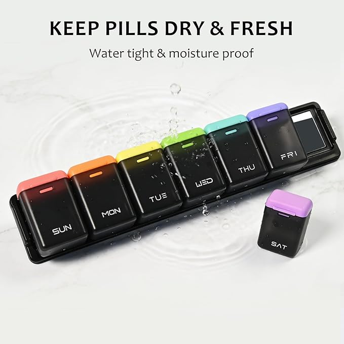 Fridge Magnetic Weekly Pill Organizer, Easy Open Daily Reminder Waterproof Pill Box for Vitamins, Travel & Daily Use (Black)