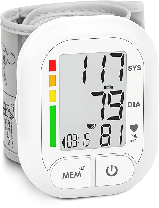 Blood Pressure Monitor Adjustable Wrist Cuff for Home Use Automatic BP Machine Large Digital LCD Display 199 Memory Batteries Included with Carrying Case, White