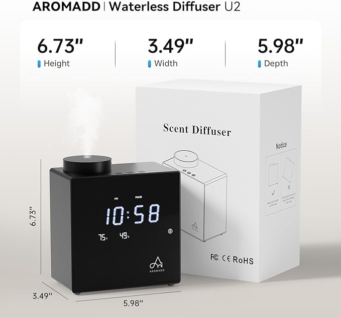 2026 Smart Waterless Diffuser, 2000 Sq.Ft Cold Air Scent Machine with Clock & Environmental Display | 7 Fragrance Levels, 9 Timer Settings, Hotel Collection Diffuser for Home & Large Rooms (Black)