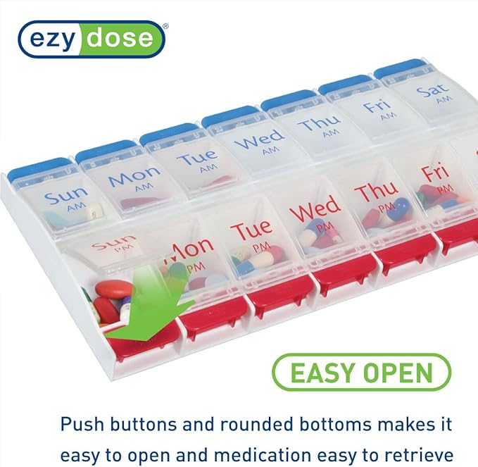 EZY DOSE Push Button (7-Day) Pill Case, Medicine Planner, Daily Vitamin Organizer, 2 Times a Day AM/PM, Large Compartments, Arthritis Friendly, Easy to Use, Clear Lids, Red/Blue, BPA Free (Pack of 2)