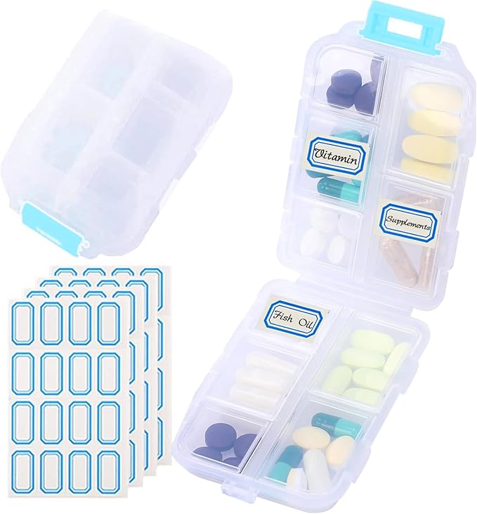 Travel Pill Organizer Portable Pocket Pill Case Small Pill Box for Purse Medicine Organizer Have 10 Compartments Storage Vitamin Fish Oil by INVODA (1PCS White+Lables)
