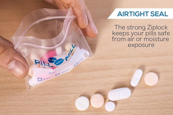 Pill Bag Count - Size 3" X 2" 3 Mil – Plastic Pill Organizer Bags – Small Pocket Pill Baggies – Travel Pill Pouch– Daily AM PM Medicine Storage Pouches – Locking Pill Carrier Container (100-Pack)