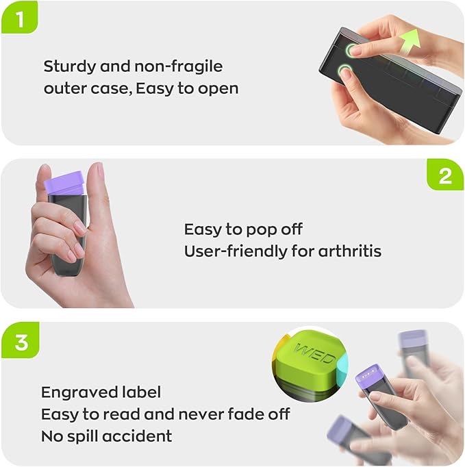 Weekly Pill Organizer 1 Time a Day, HIONXMGA Portable Detachable Travel Pill Box 7 Day, Large Once Daily Pill Holder Case, Color-Coded Dispenser for Vitamin Medicine Supplement Fish Oil, Black