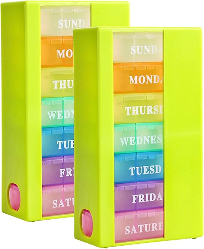 Medicine Organizer with 7 Small Pill Organizers 3 Times a Day Large Stackable Pill Dispenser for Supplement Vitamin Pills (Green, 2PCS)