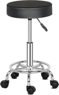 Round Rolling Bar Stool PU Leather with Wheels and Foot Rest, Height Adjustable Task Work Drafting Chair with Back for Salon Spa Tattoo Facial Medical Office Chairs (Black1)