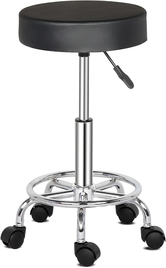 Round Rolling Bar Stool PU Leather with Wheels and Foot Rest, Height Adjustable Task Work Drafting Chair with Back for Salon Spa Tattoo Facial Medical Office Chairs (Black1)