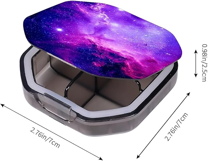 This Portable Purple Nebula Starry Sky Pattern 4-Compartment Pillbox Can Be Placed in A Pocket Or Wallet to Store Vitamins, Medicines Fish Oil Health Supplements Other Medications.