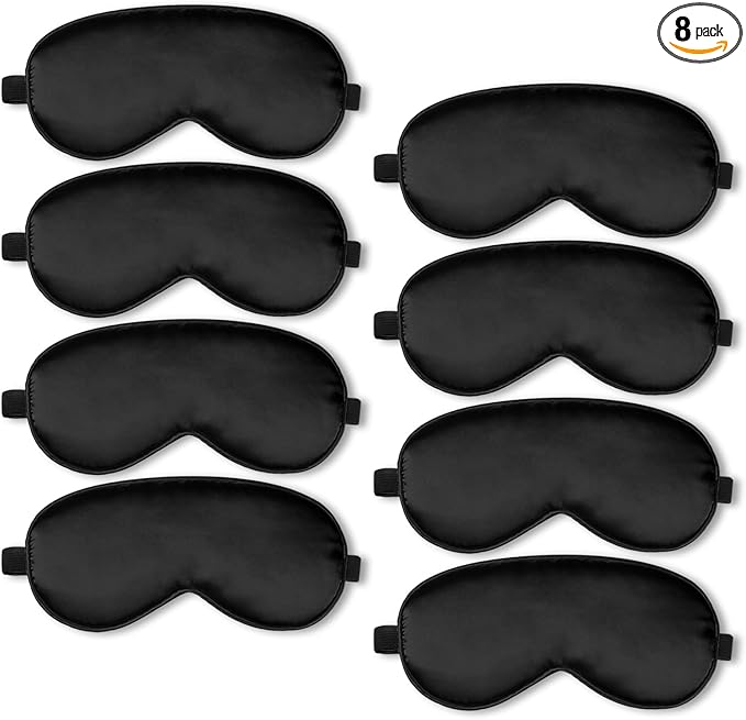 BBTO 8 Pcs Sleep Mask, Silk Eye Mask for Sleeping with Adjustable Strap, Blackout Sleeping Eye Blindfold Soft Silk Mask for Men Women Adults (Black)