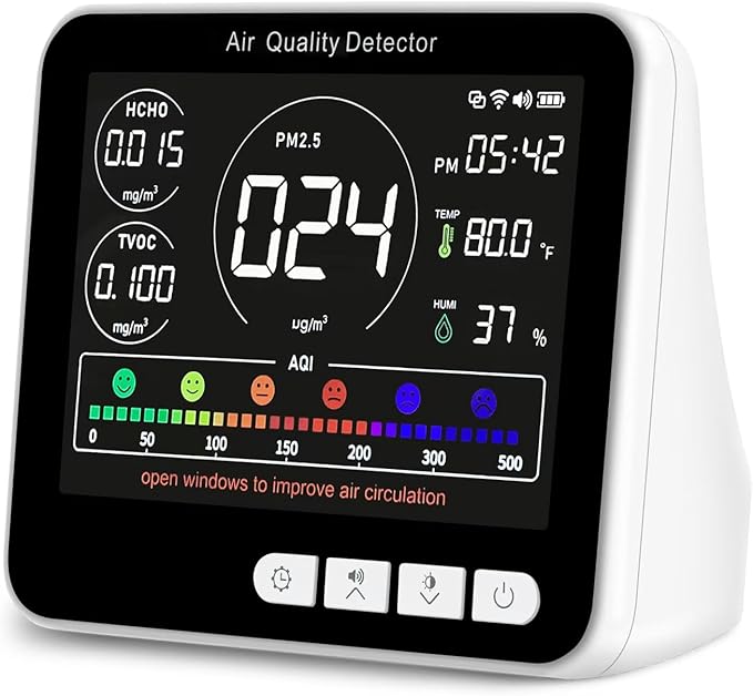 BIBIRE 14-in-1 Air Quality Monitor Indoor with Beep Alarm, 6 AQI Air Detector with PM1.0|PM2.5|PM10|HCHO|TVOC|AQI|Temperature|Humidity|Time for Home, Hotel, Office, Car, Battery Powered