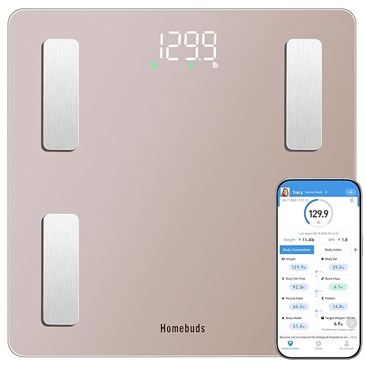 Homebuds Smart Bathroom Scale for Body Weight, High Precision Assured by Weight Scale Professional Factory Since 2001, App Sync 13 Body Composition with BMI and Body Fat, 400lb in 0.1lb, Rose Gold