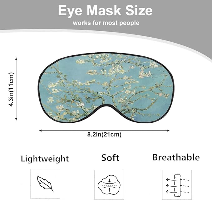 Almond Blossom Sleep Eye Mask Green Flower Van Gogh Painting Silk Eye Mask Sleeping Soft Eye Shade Cover for Men Women Boy Girl Airplane Travel with Elastic Strap