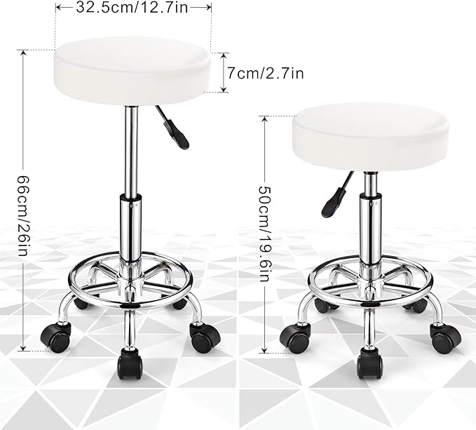Adjustable Stool with Wheels, Modern Round Rolling Stool for Spa Salon Massage Office, White PU Leather Seat, 250 lbs Capacity