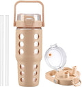 MUKOKO 32 oz Glass Tumbler with Straw,Glass Water Bottles with Time Marker,Iced Coffee Cup with Silicone Sleeve,Motivational Drinking Bottles,Leakproof-Amber