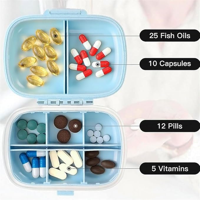 Daily 6 Compartments Pill Box Container Bling Diamond for Purse Medicine Container Holder for Women Travel Kit Medicine (AB Blue)