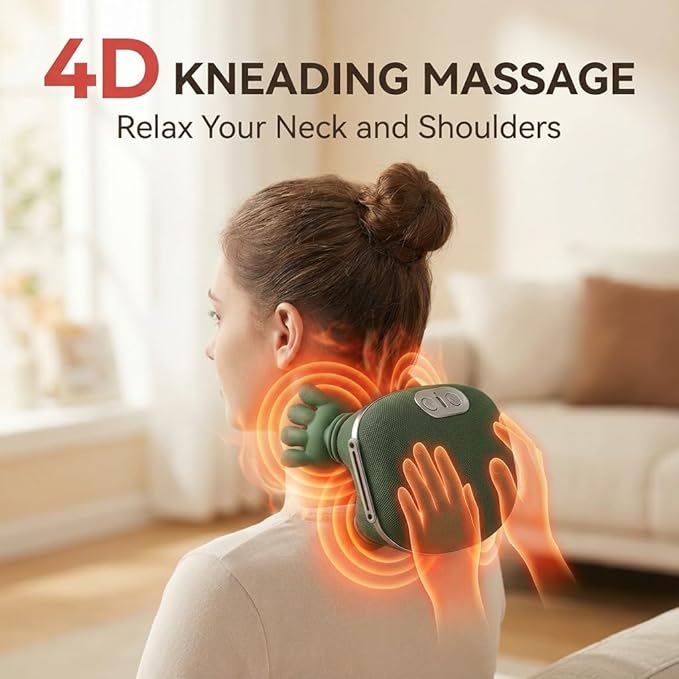 Neck Massager with Heat, Shiatsu Neck and Back Massager with 4D Kneading for Shoulder and Cervical Pain, Relax Muscle Tension, Portable and Rechargeable for Home or Office, Green