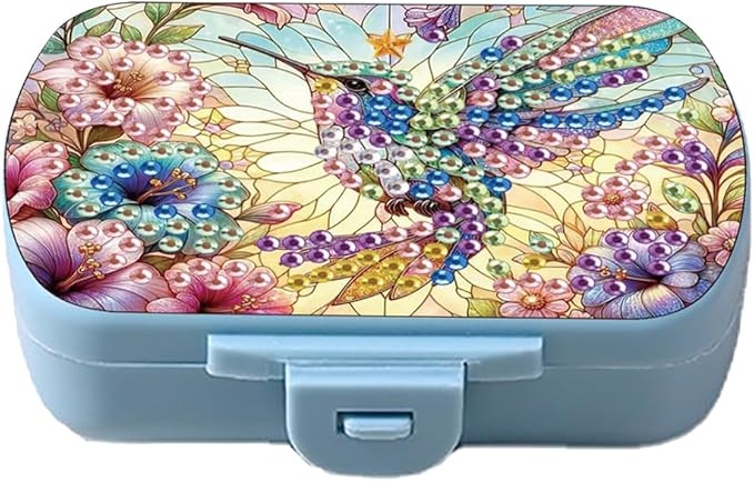 C'eitura DIY Hummingbird Diamond Art Painting Blue Pill Organizer with 6 Lid Detachable Compartments, Fun DIY Craft Project for Adults, Elegant Pill Case for Purse & Travel
