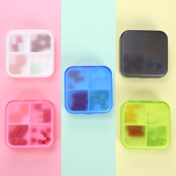 Portable Pill Organizer - Slim Pill Box for Purse or Travel, Compact Pill Case(4 Compartment,Gray)