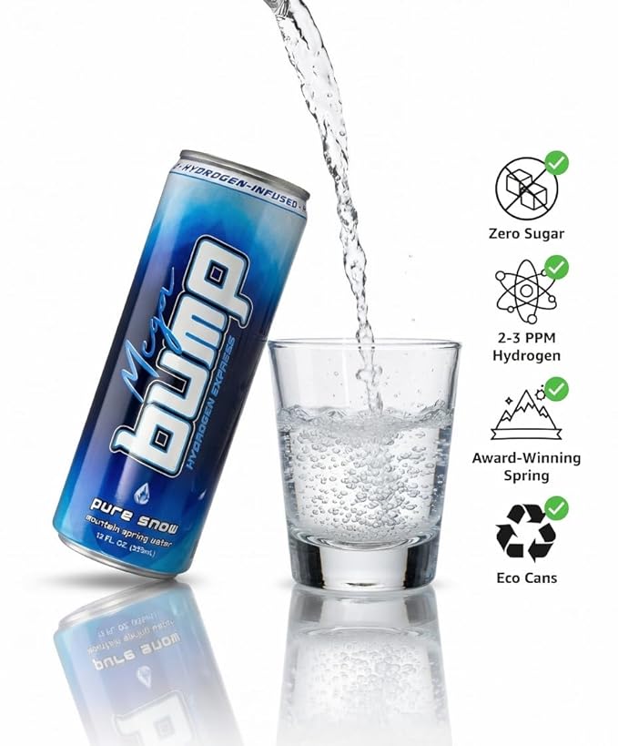 Mega Bump Pure Snow Hydrogen Water - 12-Pack 12oz Cans, 2-3 PPM Molecular Hydrogen Infused Mountain Spring Water, Ouichita Wilderness Valley, Award-Winning Recovery Hydration
