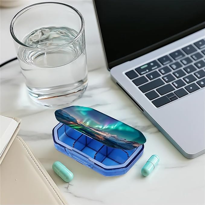 This Portable Northern Lights Pattern 6-Compartment Pillbox Can Be Placed in A Pocket Or Wallet to Store Vitamins, Medicines Fish Oil Health Supplements Other Medications.