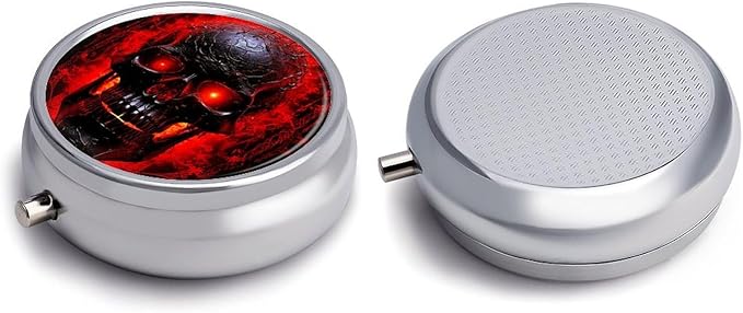 Pill Box Black and Red Skull Round Metal Pill Case with 3 Compartments Portable Mini Medicine Drug Holder Travel Medicine Tablet Vitamin Holder Organizer