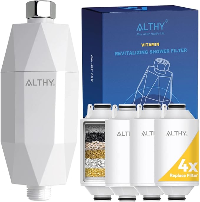 ALTHY Vitamin C Revitalizing Shower Head Water Filter - Reduces Chlorine, Heavy Metal & Softens Hard Water- Prevent Dry Itchy Skin, Hair Loss, Dandruff (Includes 4 Filters)