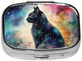 Art Black Cat Pill Box with Mirror 2 Compartment Metal Square Small Pill Case for Purse Pocket Portable Pill Container Holder Travel Medicine Organizer for Vitamin Fish Oil Supplement